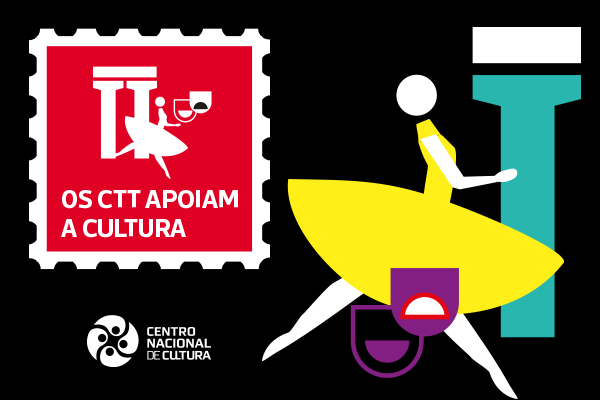 Uma figura em movimento a dançar, frase que mostra que os CTT apoiam a cultura. Em baixo está o logótipo do Centro Nacional De Cultura.